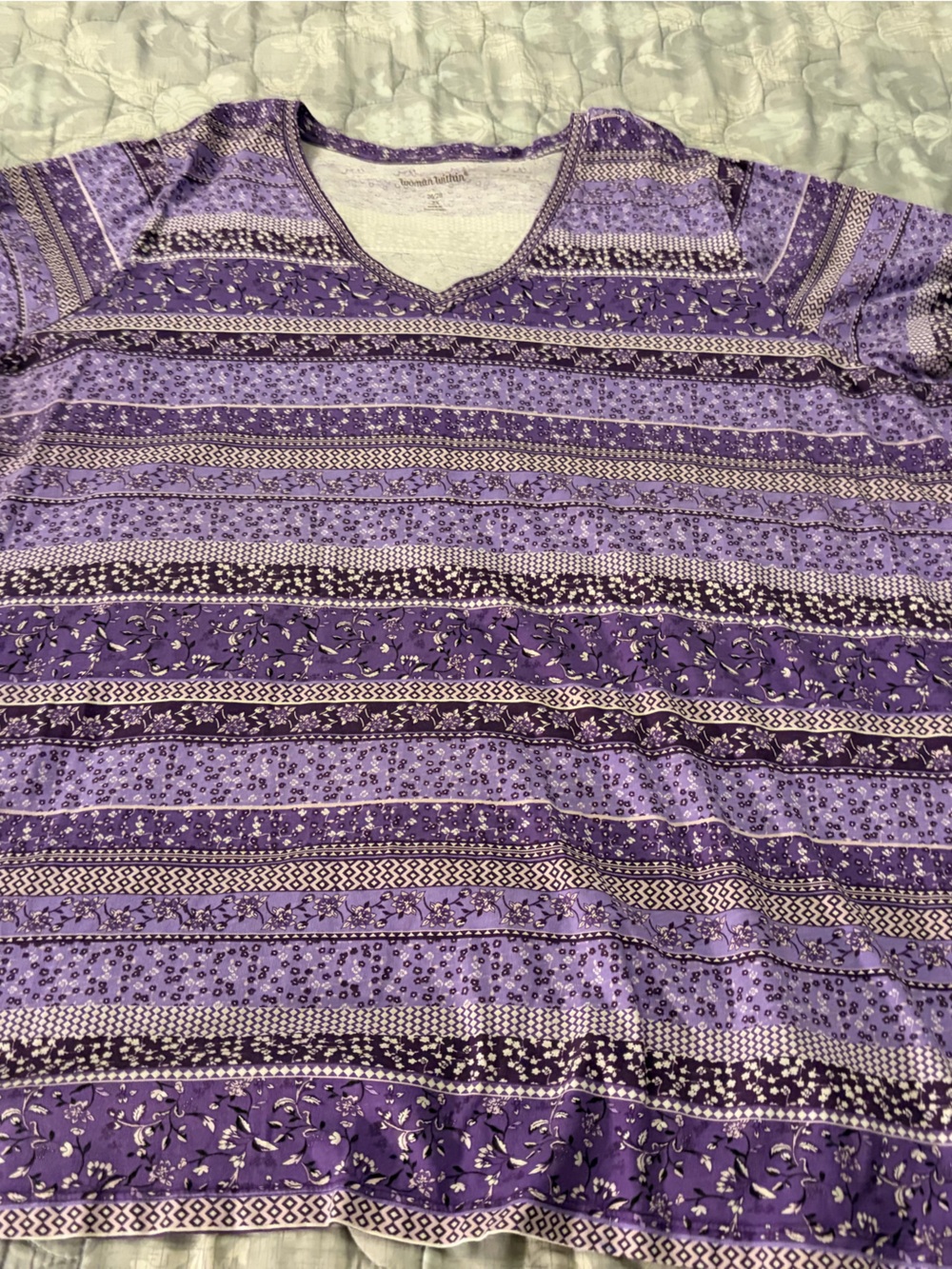Purple Floral Striped Women Within V-Neck Top.
